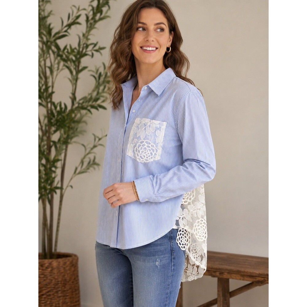 Womens Blue White Striped Button Down Blouse Lace Back Pocket Size XL